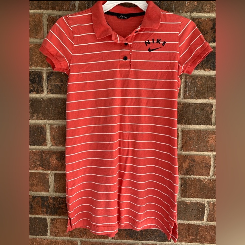 Nike girls red white striped shirt dress collared short sleeve 100% cotton